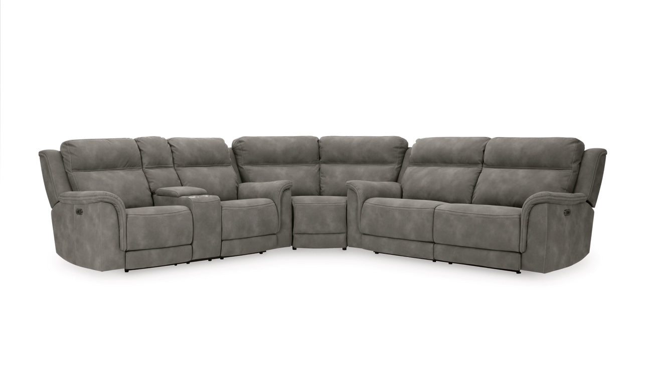 Fabric dual power reclining, three-piece sectional with recliner