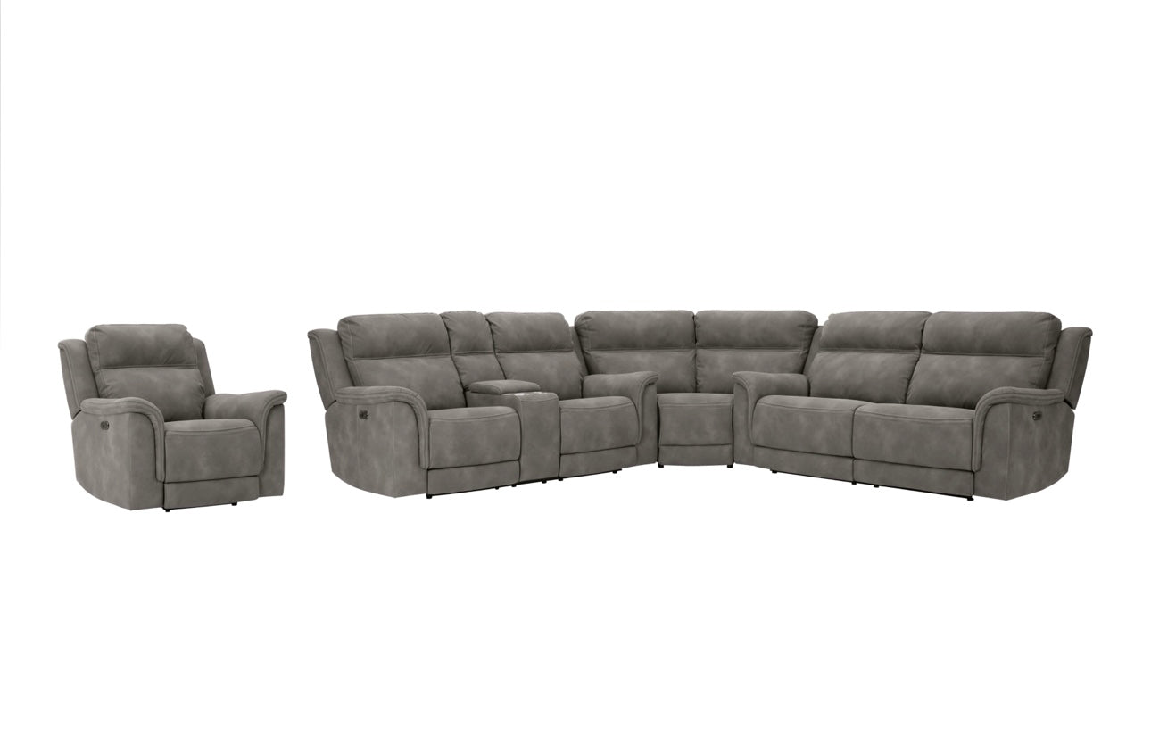 Fabric dual power reclining, three-piece sectional with recliner